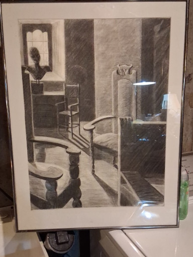 Charcoal or graphite drawing depicting a rustic French interior with chairs and architectural elements