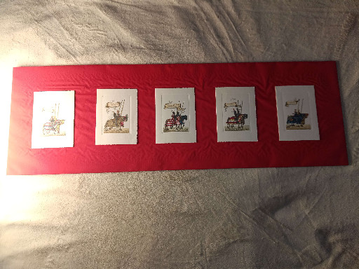 Framed set of five hand-painted miniature cards depicting German knights by Ernst Geissendorfer