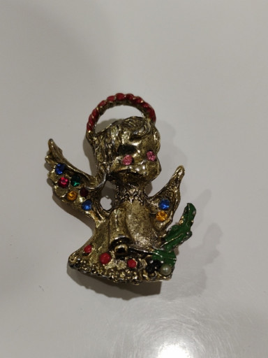 Gold-tone metal Christmas angel brooch with multicolored rhinestones and enamel