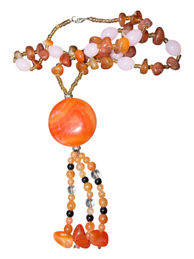 Handmade beaded necklace with orange agate pendant, pink quartz and carnelian beads