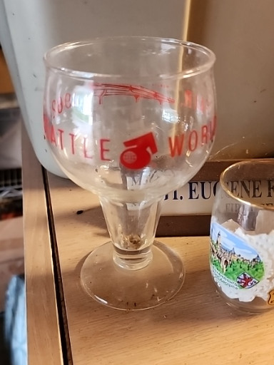 Glass stemmed goblet from the 1962 Seattle World's Fair featuring red printed text and monorail logo