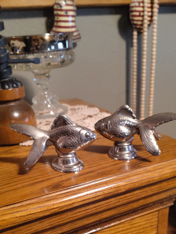 Silver-plated fish salt and pepper shakers