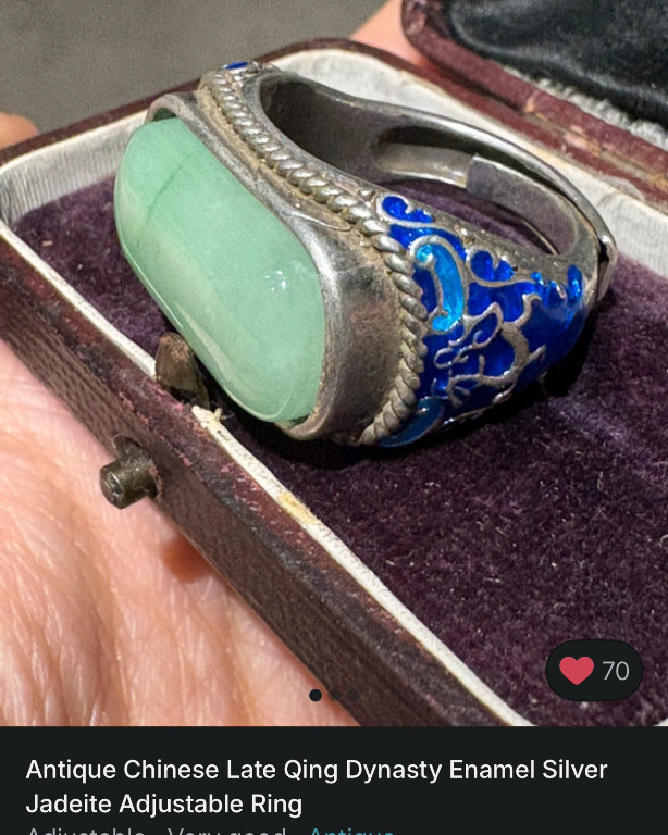 Silver ring with green jadeite cabochon and blue enamel filigree work