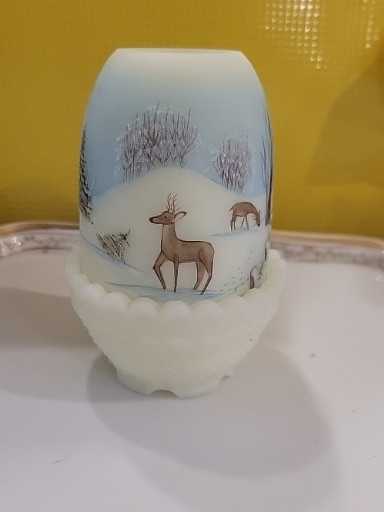 Custard glass fairy lamp with hand-painted winter deer scene by Fenton