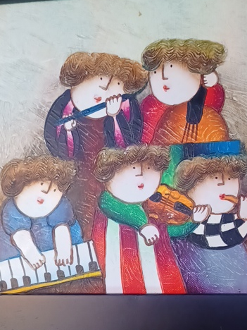 Acrylic painting on canvas titled 'Musicians' by J. Roybal