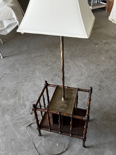 Faux bamboo fruitwood floor lamp with integrated magazine rack table
