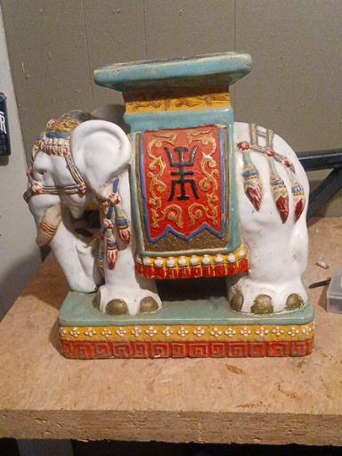 Ceramic elephant garden stool with polychrome glaze decoration