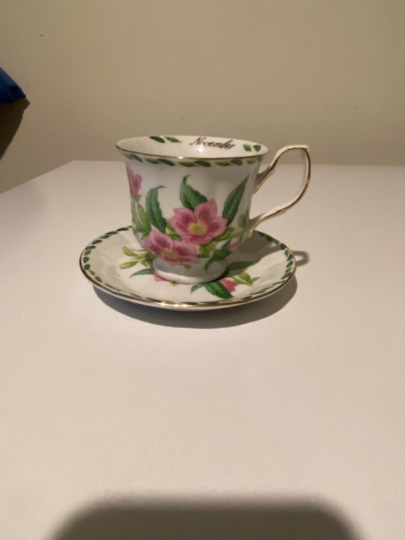 Bone china teacup and saucer with pink floral decoration from 'Flower of the Month' series by American Atelier At Home PrintTemps 5815