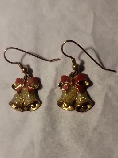 Gold-tone enamel Christmas bell earrings with red ribbon bows by Avon