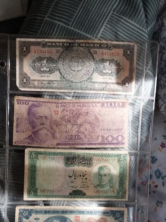 Collection of vintage banknotes including Mexican peso notes and an Iranian rial note