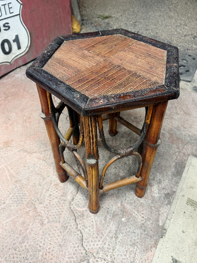 Bamboo and rattan hexagonal side table with woven top