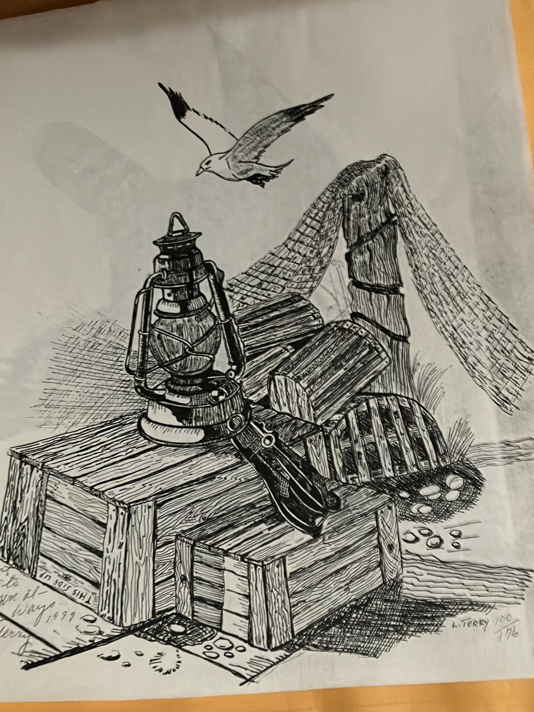 Ink drawing titled 'Fishing Still Life' by L. Terry