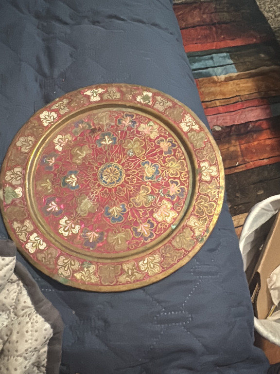 Brass decorative plate with enameled floral design