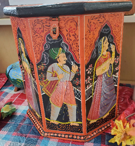 Hand-painted wooden octagonal box from Rajasthan depicting traditional Indian courtship scenes