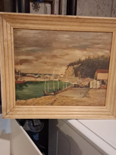 Oil painting on canvas depicting a coastal harbor scene with buildings and cliffs, mid-20th century