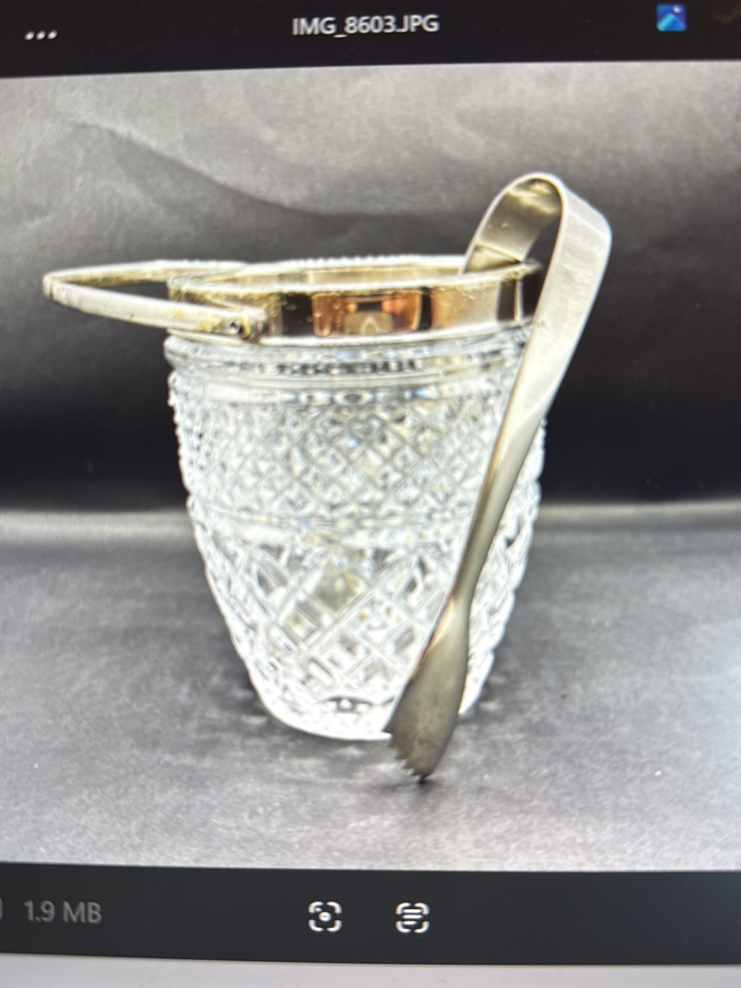 Secchiello per ghiaccio in cristallo con montatura in metallo placcato argento e pinza