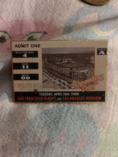 Commemorative pin for San Francisco Giants vs. Los Angeles Dodgers Opening Day game on April 11th, 2000