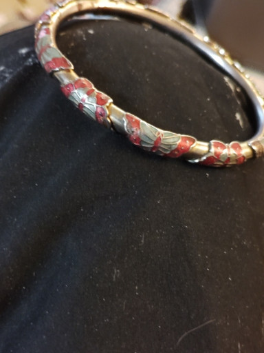 Cloisonné enamel bangle bracelet with floral and butterfly motif