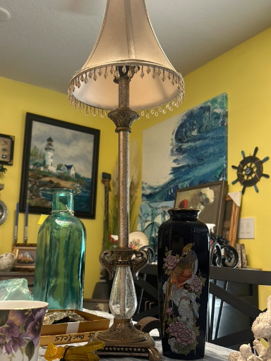 Vintage brass table lamp with beaded fabric shade