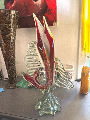 Murano glass fish sculpture in red and clear glass