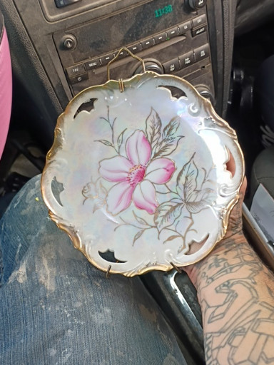 Hand-painted porcelain plate with gold trim and floral design by Trimont Ware, Japan
