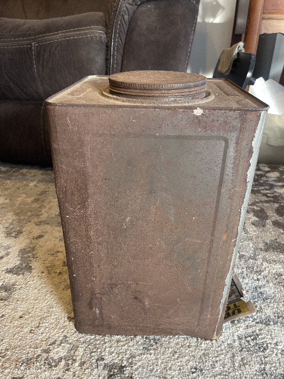 Vintage metal tin containing 30.8 lbs of unopened carbohydrate supplementary hard candies for fallout shelter use, purportedly from Admiral Chester Nimitz collection