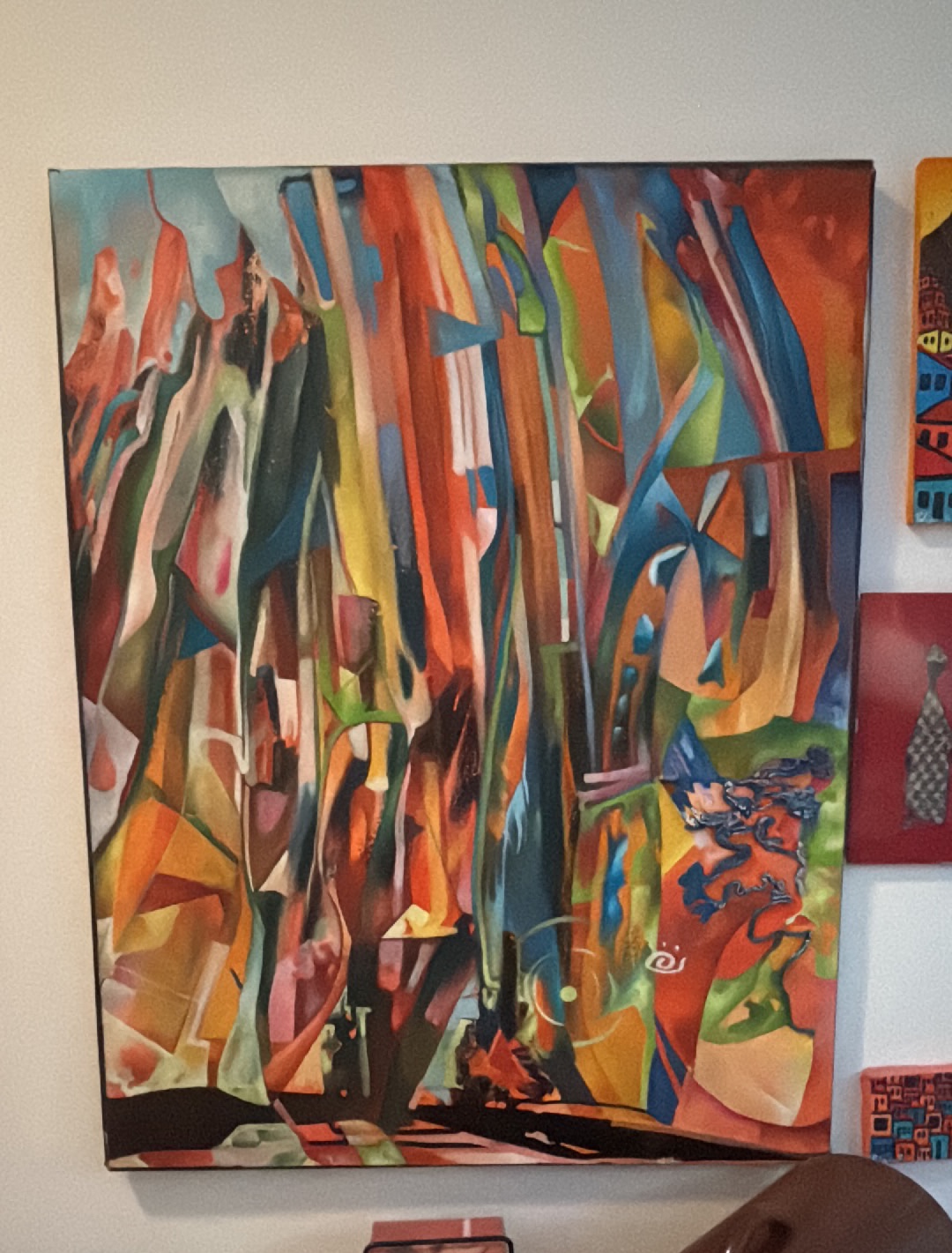 Dipinto astratto in stile contemporaneo con forme geometriche colorate