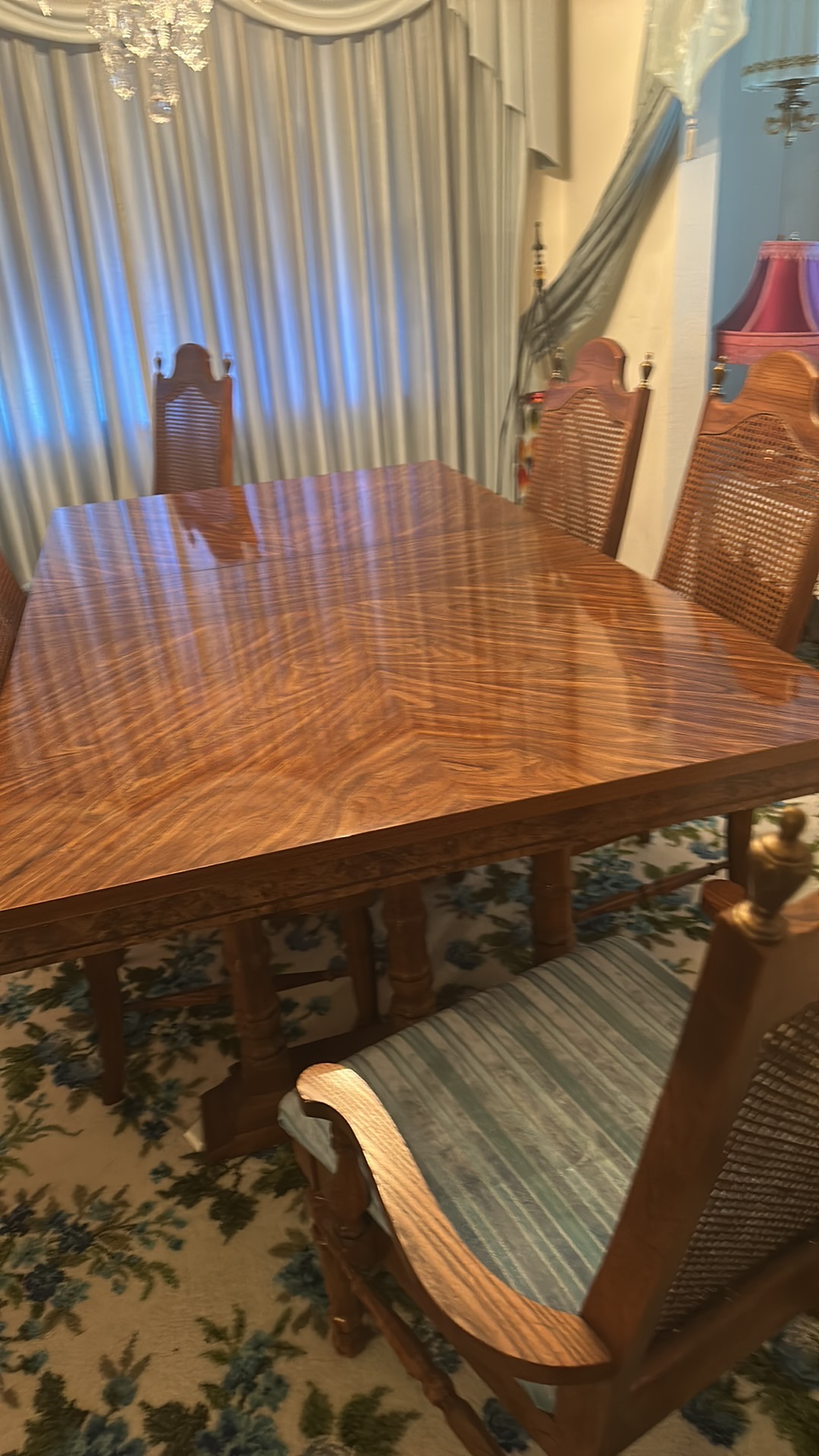 Wooden dining table set with cane-back chairs by Broyhill Furniture, 'Woodhue' collection