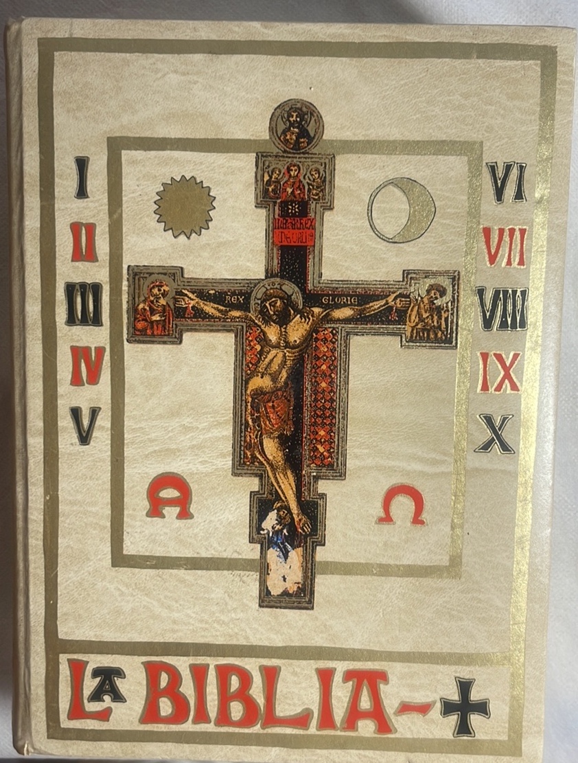 Leather-bound illustrated Bible with San Damiano Cross cover design, translated by Ilmo.D.F. Torres. A.