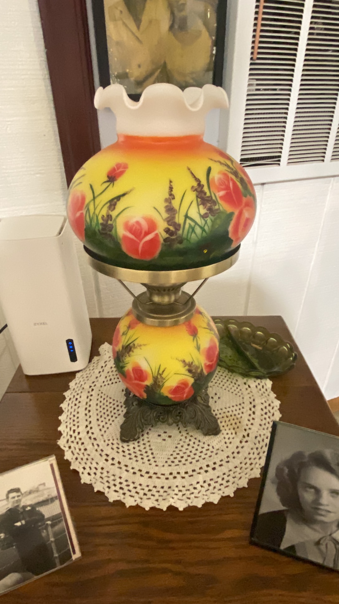 Hand-painted glass hurricane lamp with floral design