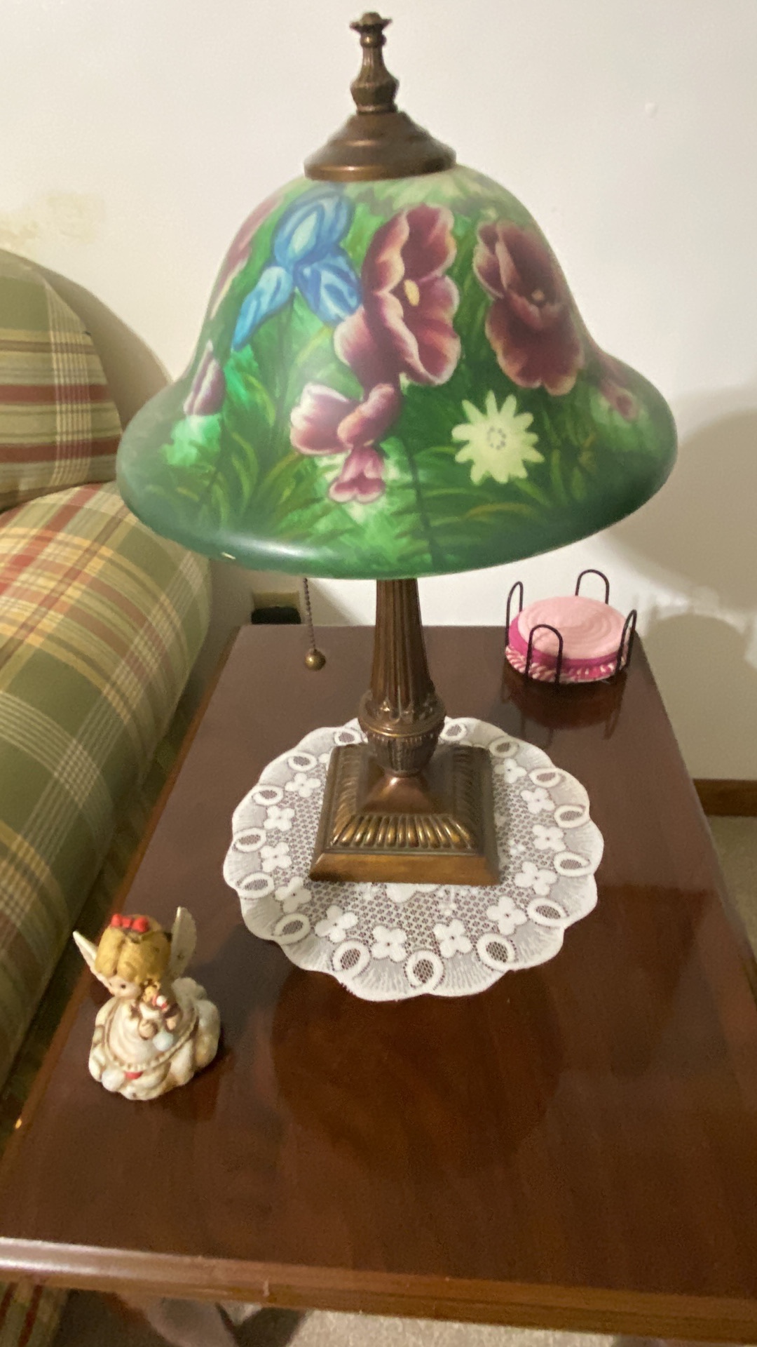 Reverse painted glass table lamp with bronze-finish base