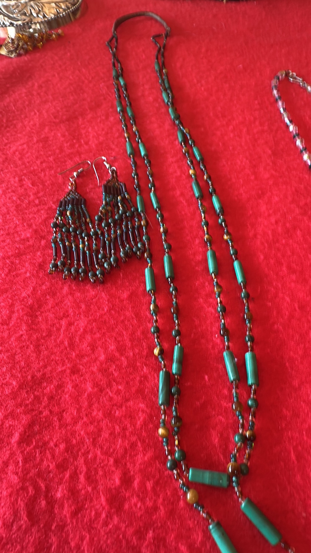 Glass bead necklace and earring set with turquoise-colored glass beads and amber accents