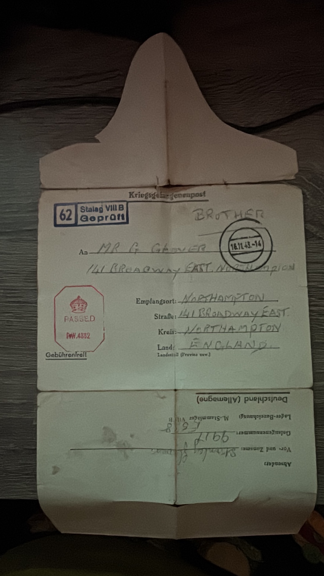 World War II POW mail from Stalag VIII B Gepruft to England