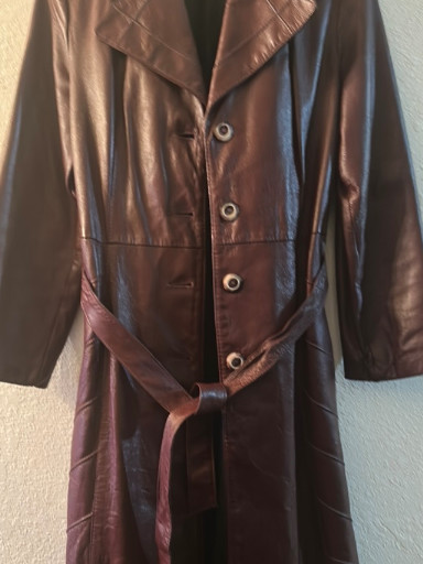 Vintage 1970s burgundy leather trench coat with belt