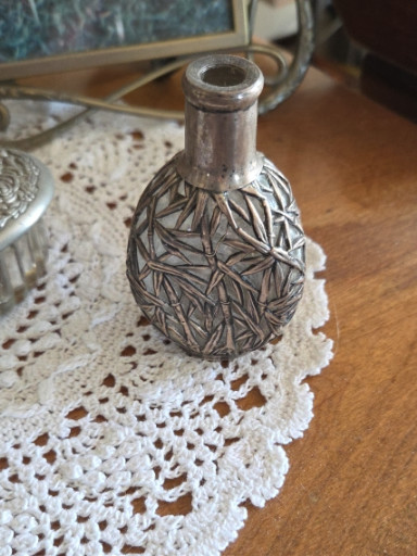Glass decanter with Chinese silver overlay in bamboo pattern