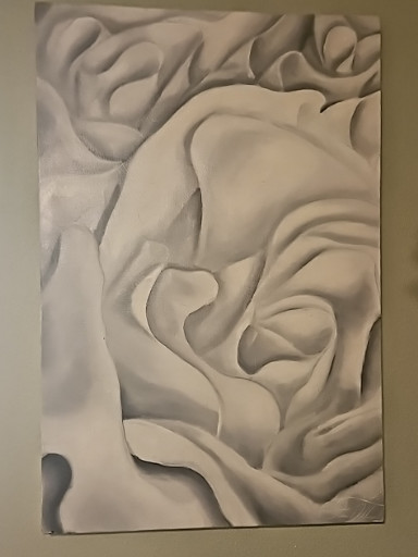Contemporary oil painting depicting white roses in monochromatic tones