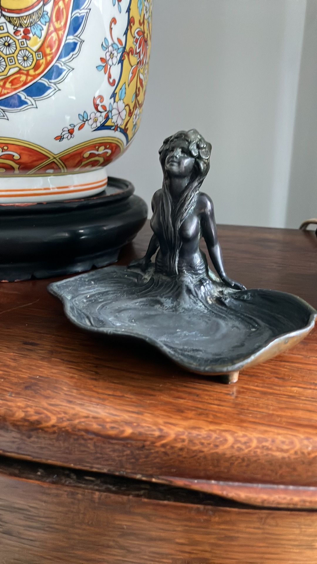 Pewter Art Nouveau trinket dish with female figure