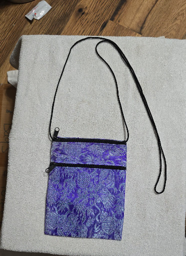 100% silk crossbody purse with purple elephant motif by Creative Edge Imports, made in Vietnam