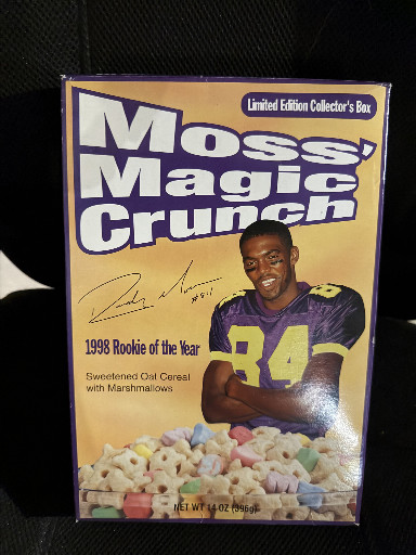 Limited Edition Collector's Box of Moss' Magic Crunch cereal featuring Randy Moss, 1998 Rookie of the Year