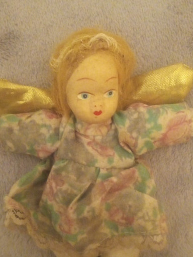 Vintage composition angel Christmas ornament with metal wings and fabric dress