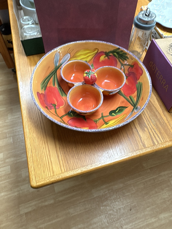 Hand-painted ceramic serving platter with bowls titled 'Les Jardins' by Clay Art