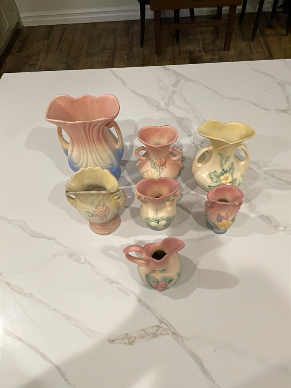 Collection of ceramic vases and pitchers by Hull Pottery, including Mardi Gras/Granada and Magnolia patterns