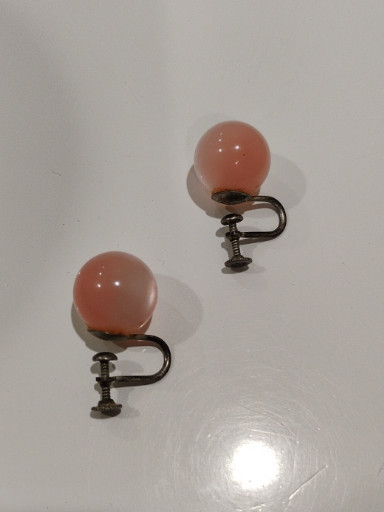 Vintage pink moonglow lucite screw-back earrings with sterling silver settings