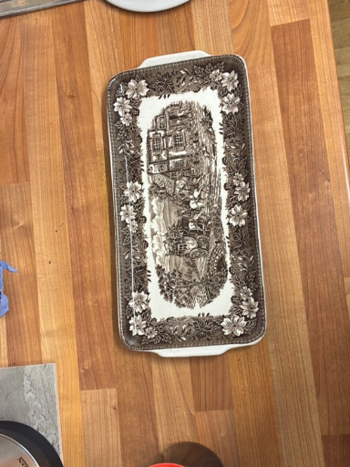 Ceramic sandwich tray with black transferware decoration titled 'Memory Lane' by Royal Tudor Ware
