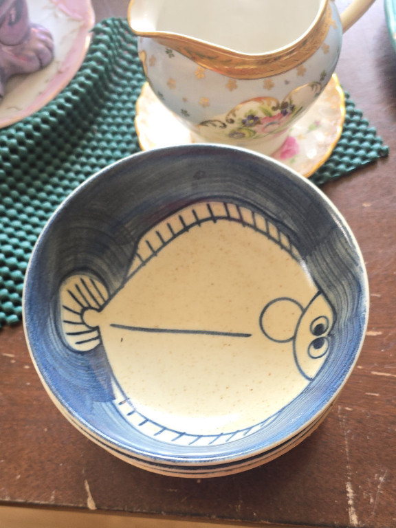 Japanese ceramic sauce dishes with blue and white fish design by Kafuh