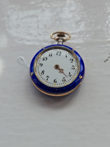 Silver and blue enamel miniature pendant pocket watch with porcelain dial and floral decoration