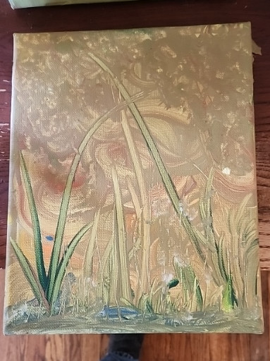Oil painting on canvas depicting an abstract wetland or marsh scene with grasses and reeds