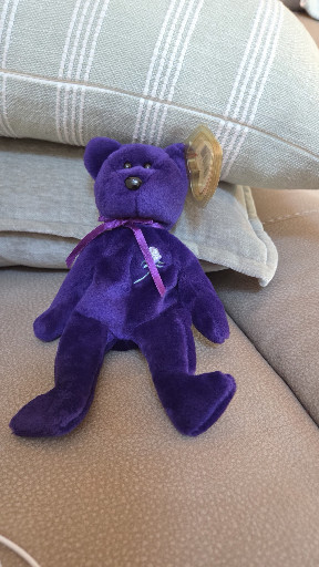 Ty Beanie Baby 'Princess' bear, purple plush with white rose emblem