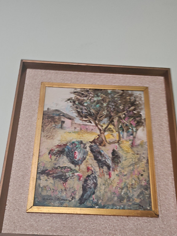 Pintura al óleo titulada 'Pavos en paisaje rural' por Rogelio García Vázquez
