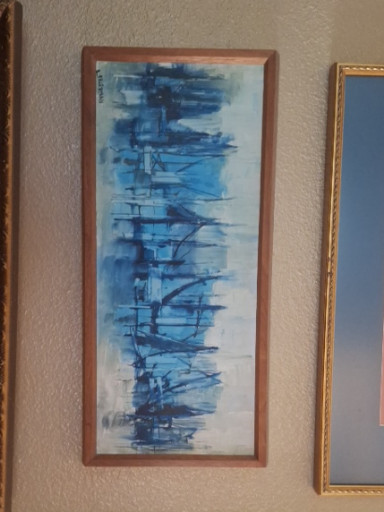 Oil on masonite painting titled 'Blue Harbor (Maine)' by Reuben Tam